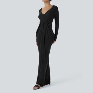 Halara Deep V Neck Long Sleeve Stacked Ruched Maxi Casual Dress